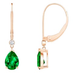 Natural Emerald Drop Earrings with Diamond in 14K Rose Gold (Size-7x5mm)