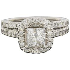 White Gold 2 Carats Princess Diamond Halo Engagement Ring Wedding Set