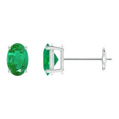 Natural Solitaire Oval Emerald Stud Earrings in 14K White Gold (6x4mm)