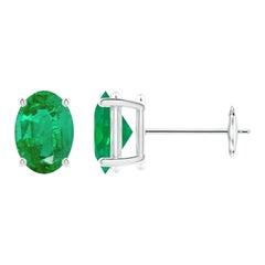 Natural Solitaire Oval Emerald Stud Earrings in 14K White Gold (7x5mm)