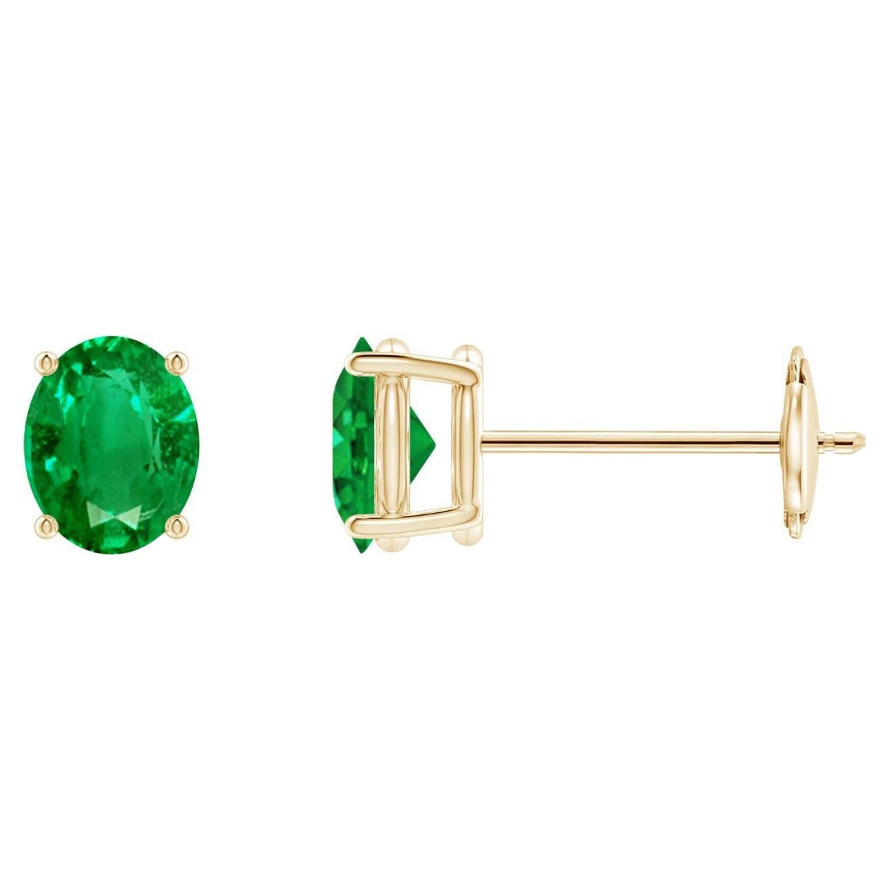 Natural Solitaire Oval 0.60 Emerald Stud Earrings in 14K Yellow Gold For Sale
