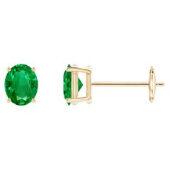 Natural Solitaire Oval 0.60 Emerald Stud Earrings in 14K Yellow Gold