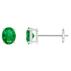 Natural Solitaire Oval 0.60ct Emerald Stud Earrings in 14K White Gold 