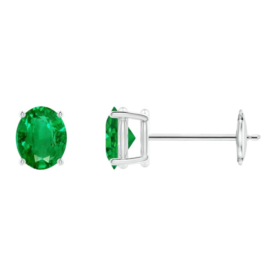 Natural Solitaire Oval 0.60ct Emerald Stud Earrings in 14K White Gold