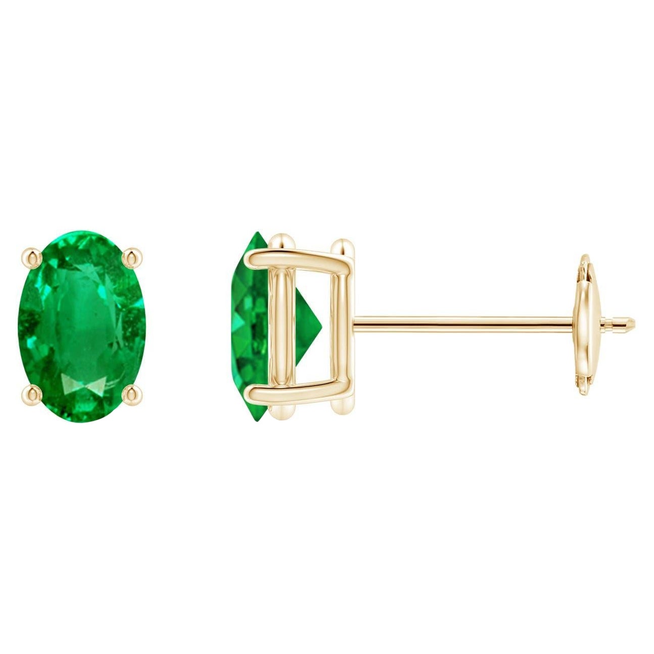 Natural Solitaire Oval 0.80ct Emerald Stud Earrings in 14K Yellow Gold