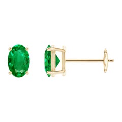 Natürlicher Solitär Oval 0,80 Karat Smaragd-Ohrstecker aus 14 Karat Gelbgold