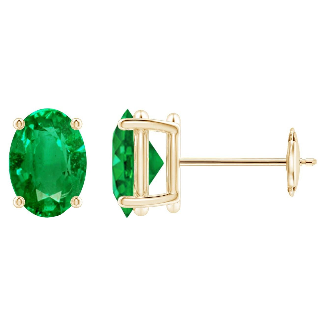 Natural Solitaire Oval 1.32ct Emerald Stud Earrings in 14K Yellow Gold For Sale