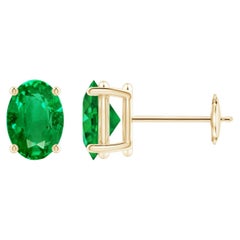 Natural Solitaire Oval 1.32ct Emerald Stud Earrings in 14K Yellow Gold