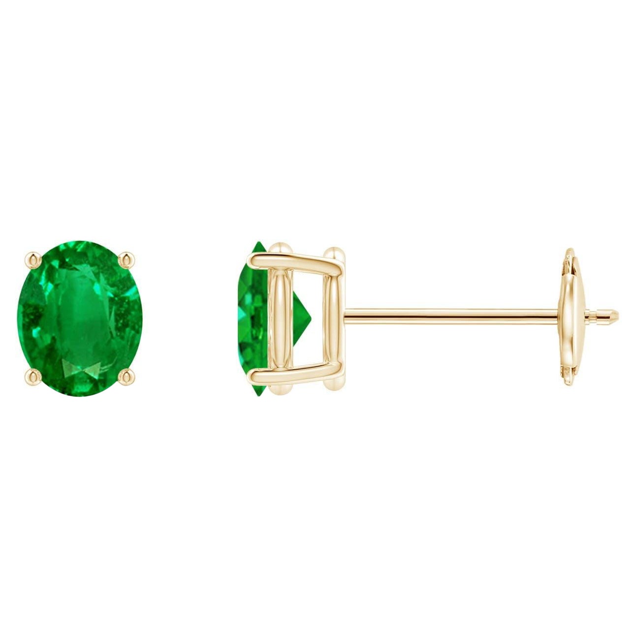 Natural Solitaire Oval 0.60ct Emerald Stud Earrings in 14K Yellow Gold  For Sale
