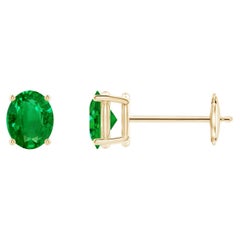 Natural Solitaire Oval 0.60ct Emerald Stud Earrings in 14K Yellow Gold 