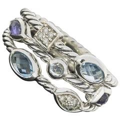 David Yurman Sterling Silver Blue Topaz, Iolite, & Diamond Confetti 3-Row Ring