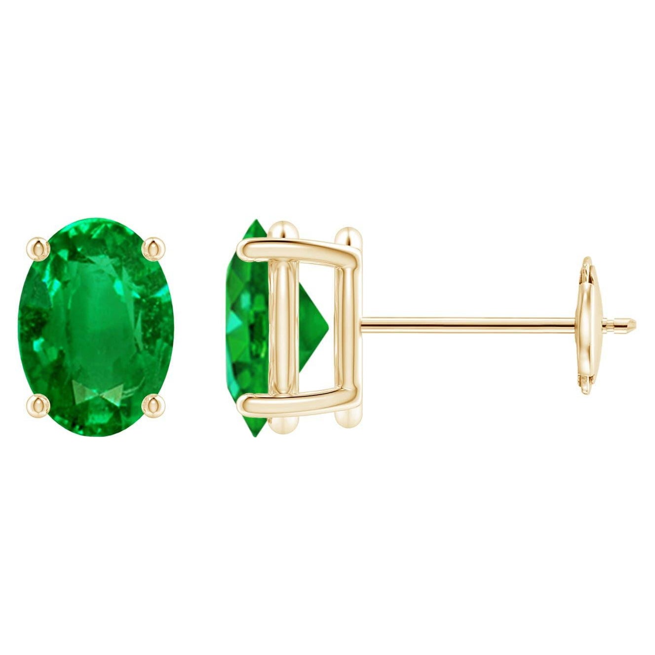 Natural Solitaire Oval 1.32ct Emerald Stud Earrings in 14K Yellow Gold  For Sale