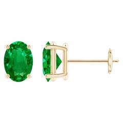 Natürlicher Solitär Oval 1,32 Karat Smaragd-Ohrstecker aus 14 Karat Gelbgold