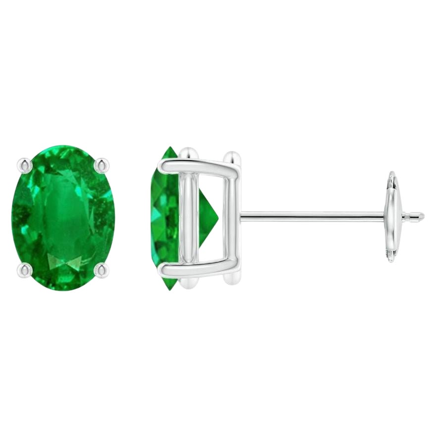 Natural Solitaire Oval 1.32ct Emerald Stud Earrings in 14K White Gold