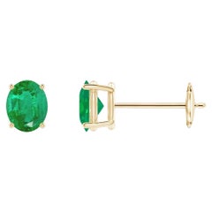 Natürlicher Solitär Oval 0,60 Karat Smaragd-Ohrstecker aus 14 Karat Gelbgold