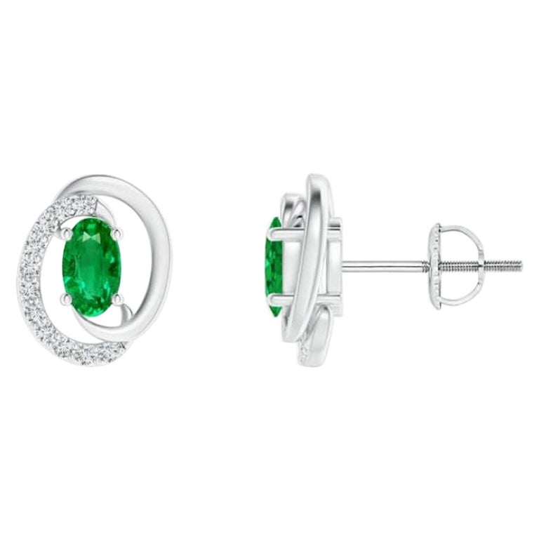 Natural Floating 0.40ct Emerald Earrings with Diamond in 14K White Gold