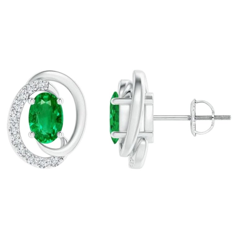 Natural Floating 0.80ct Emerald Earrings with Diamond in 14K White Gold