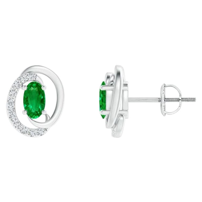Natural Floating 0.40ct Emerald Earrings with Diamond in 14K White Gold