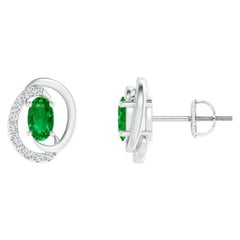 Natural Floating 0.40ct Emerald Earrings with Diamond in 14K White Gold