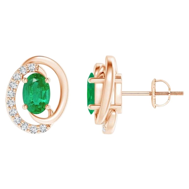 Natural Floating 0.80ct Emerald Earrings with Diamond in 14K Rose Gold