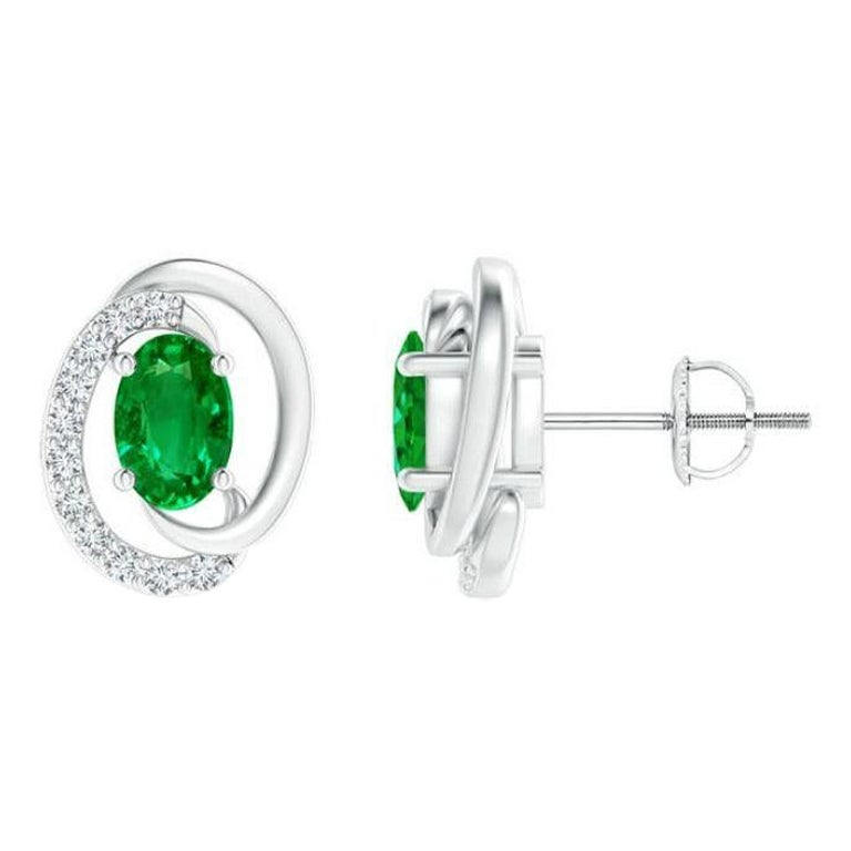 Natural Floating 0.80ct Emerald Earrings with Diamond in 14K White Gold For Sale