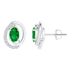 Natural Floating 0.80ct Emerald Earrings with Diamond in 14K White Gold