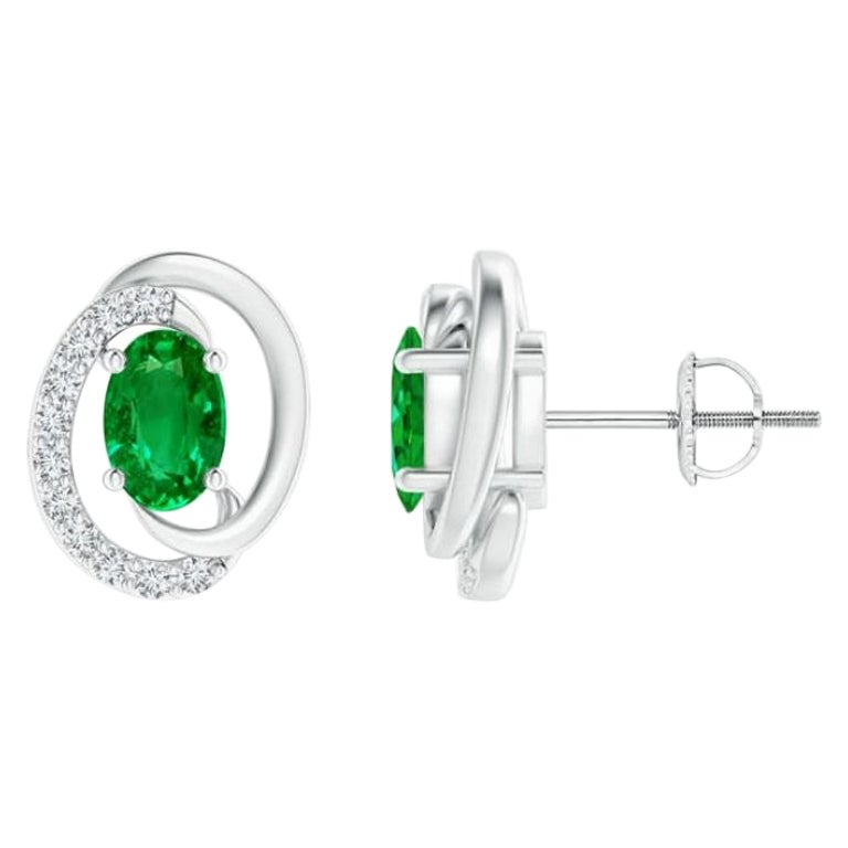 Natural Floating 0.80ct Emerald Earrings with Diamond in 14K White Gold