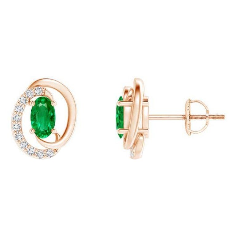 Natural Floating 0.40ct Emerald Earrings with Diamond in 14K Rose Gold For Sale
