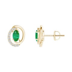 Natural Floating 0.40ct Emerald Earrings with Diamond in 14K Yellow Gold