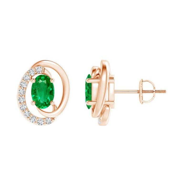 Natural Floating 0.80ct Emerald Earrings with Diamond in 14K Rose Gold For Sale