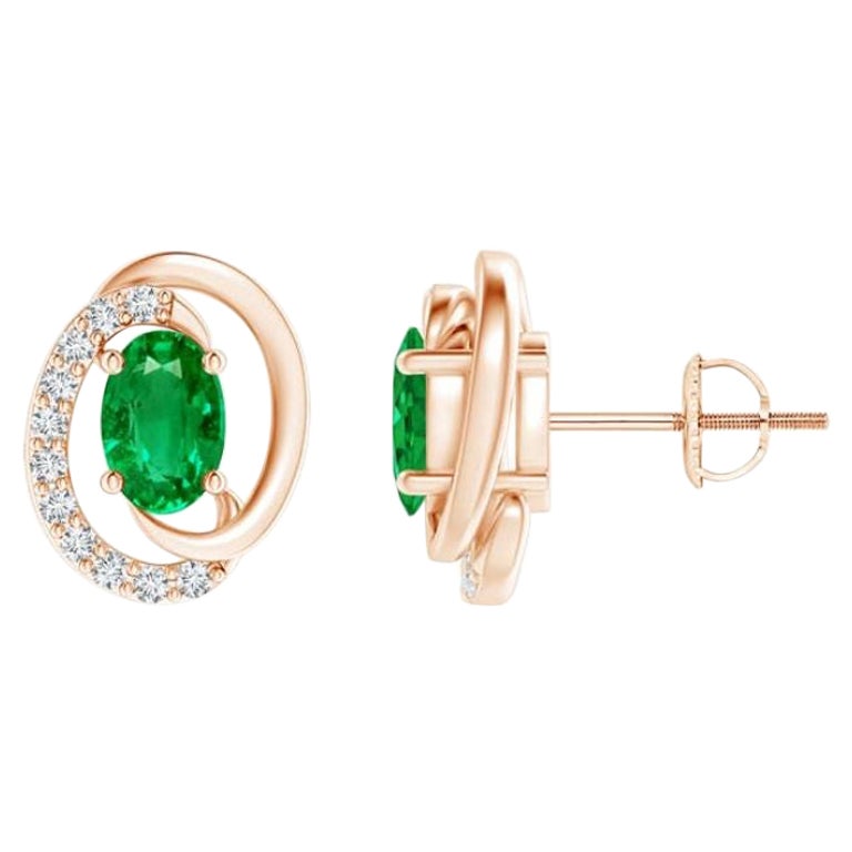 Natural Floating 0.80ct Emerald Earrings with Diamond in 14K Rose Gold