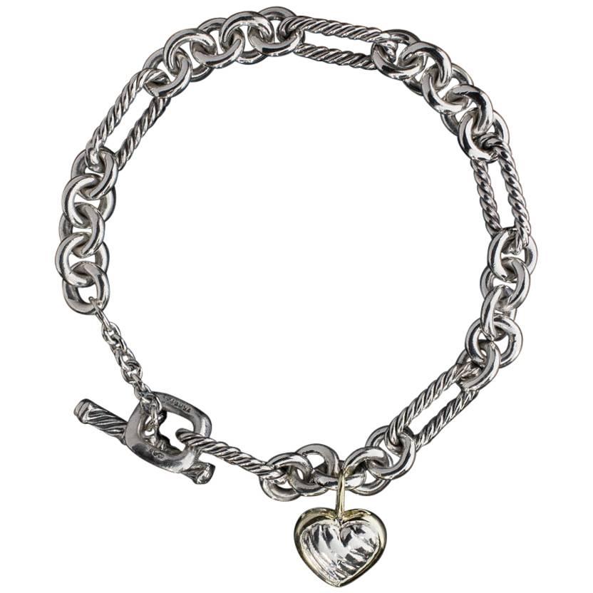 David Yurman Silver & Gold Cable Collectibles Heart Charm Figaro Bracelet