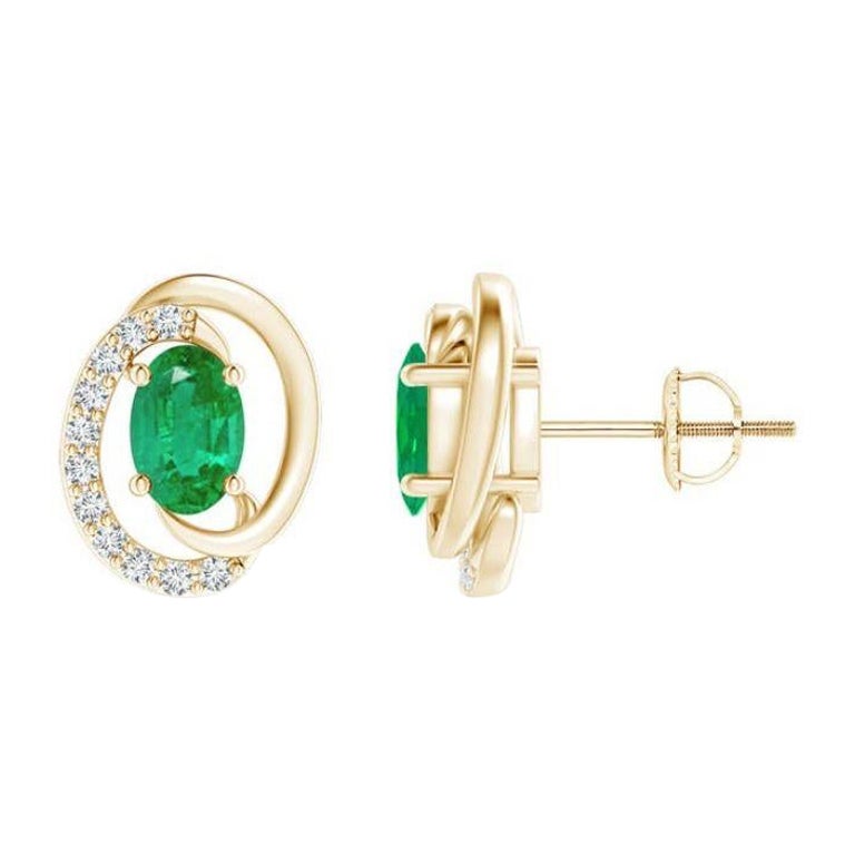 Natural Floating 0.80ct Emerald Earrings with Diamond in 14K Yellow Gold For Sale