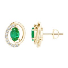 Natural Floating 0.80ct Emerald Earrings with Diamond in 14K Yellow Gold