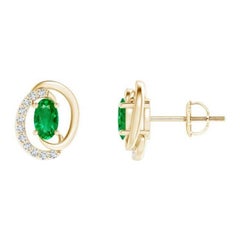 Natural Floating 0.40ct Emerald Earrings with Diamond in 14K Yellow Gold