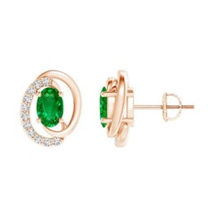 Natural Floating 0.80ct Emerald Earrings with Diamond in 14K Rose Gold