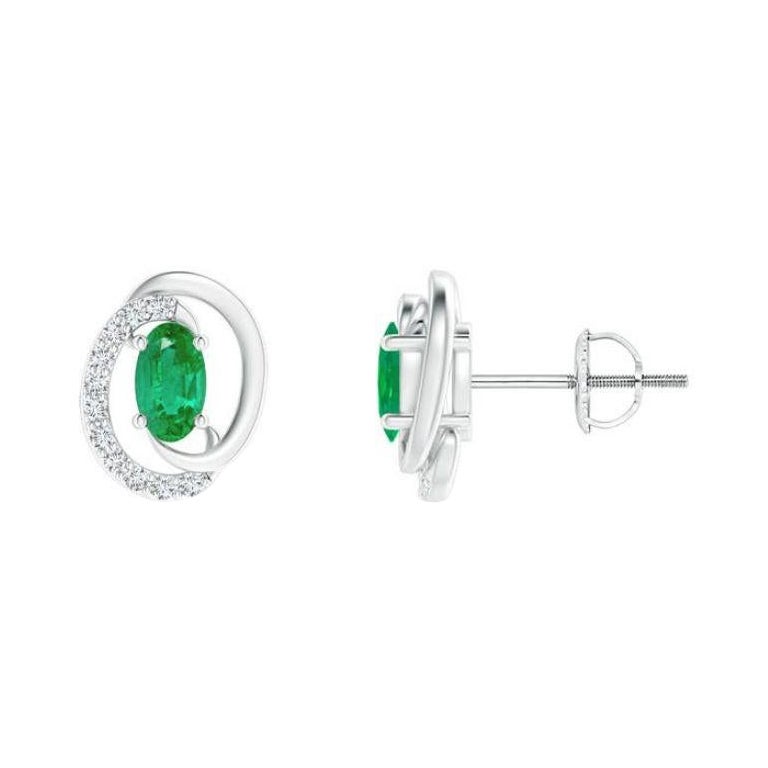 Natural Floating 0.40ct Emerald Earrings with Diamond in 14K White Gold 