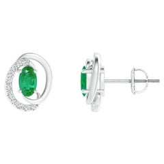 Natural Floating 0.40ct Emerald Earrings with Diamond in 14K White Gold