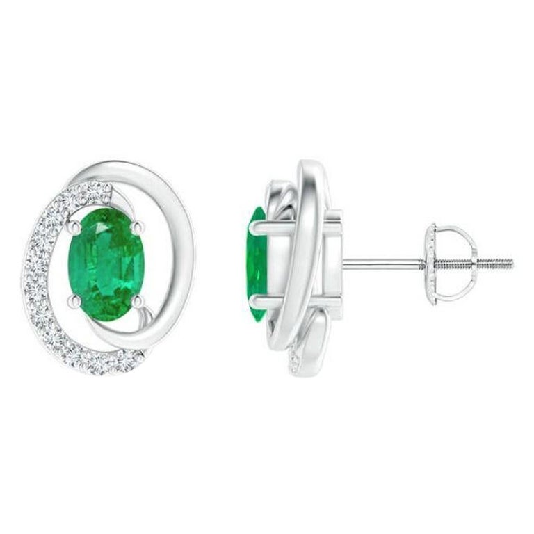 Natural Floating 0.40ct Emerald Earrings with Diamond in 14K White Gold For Sale