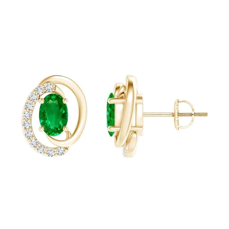 Natürliche schwebende 0,4 Karat Smaragd-Ohrringe mit Diamanten aus 14 Karat Gelbgold im Angebot