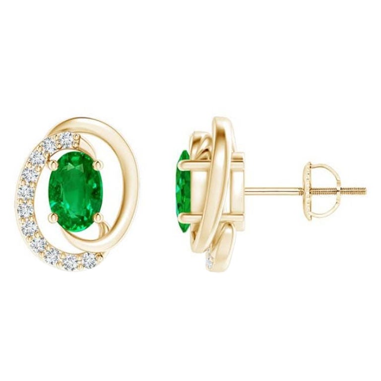 Natural Floating 0.4ct Emerald Earrings with Diamond in 14K Yellow Gold For Sale