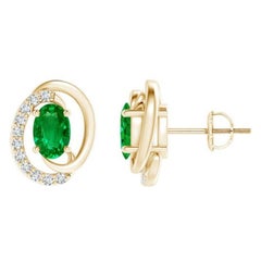 Natural Floating 0.4ct Emerald Earrings with Diamond in 14K Yellow Gold