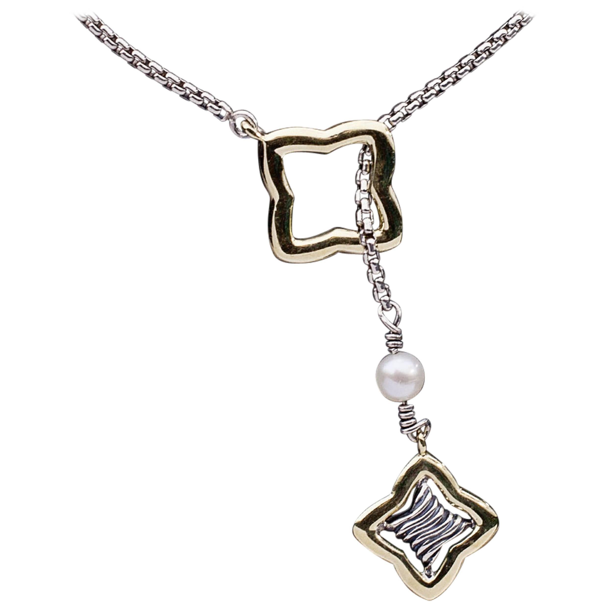 David Yurman Silver & Gold Quatrefoil Pearl Lariat Necklace 24"