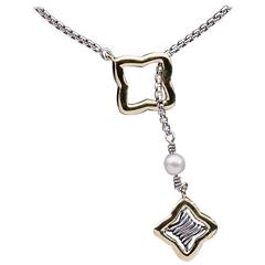 David Yurman Silver & Gold Quatrefoil Pearl Lariat Necklace 24"