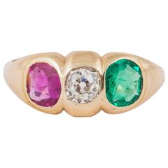Antique English Victorian diamond emerald ruby ring
