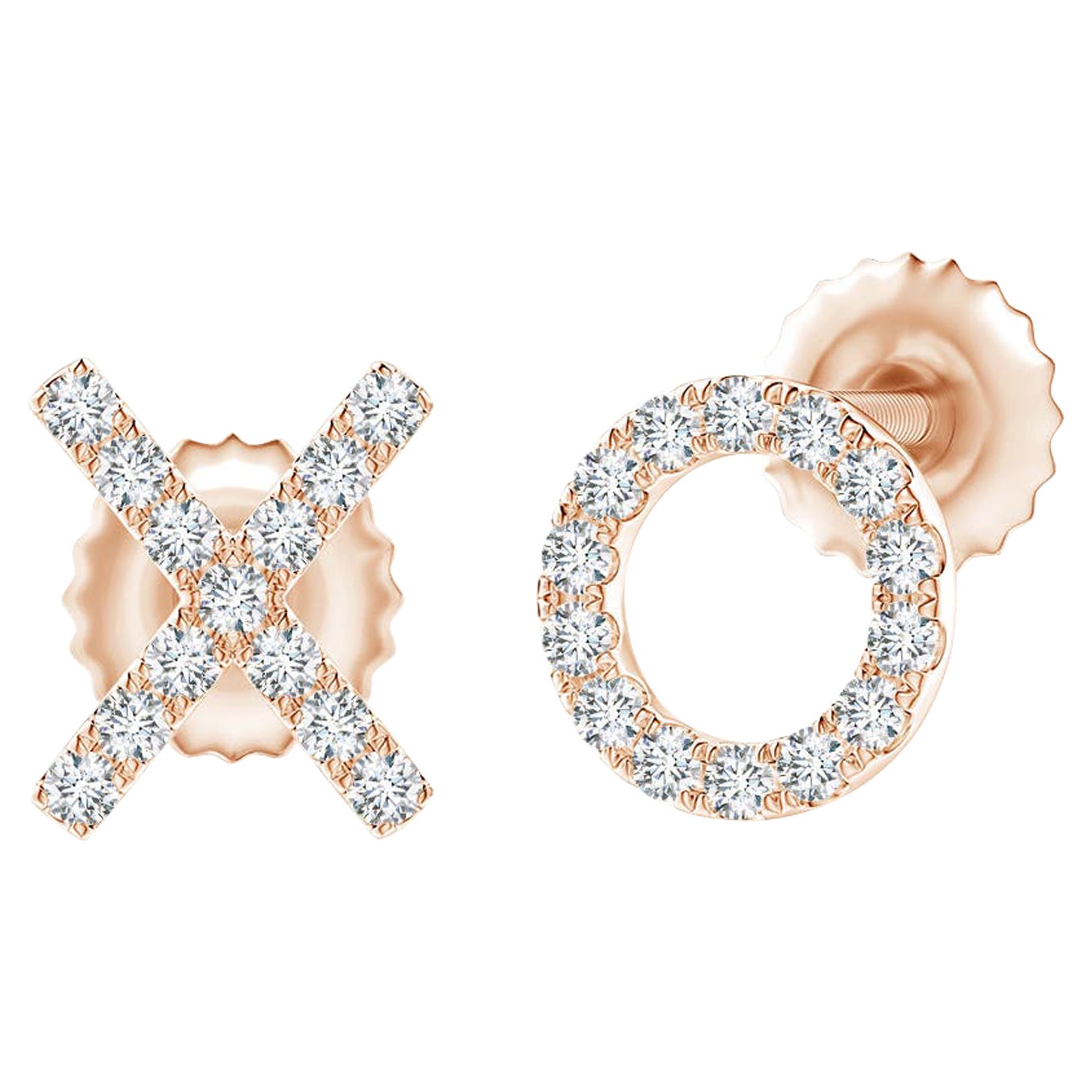 Clous d'oreilles XO en or rose 14 carats avec diamants naturels (0,08 cttw Couleur-G Clarté-VS2) en vente