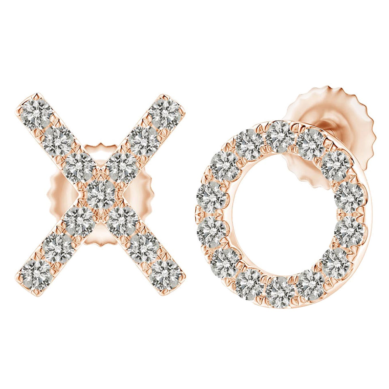 Clous d'oreilles XO en or rose 14 carats avec diamants naturels (0,2 cttw Couleur-K Clarté-I3) en vente