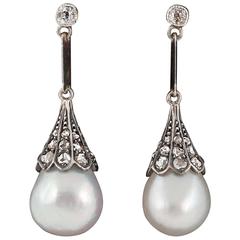 Victorian Antique Natural Pearl Rose Cut Diamond Pendant Earrings 9
