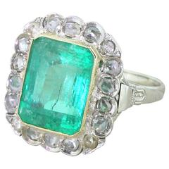 Art Deco 7.50 Carat Emerald & Rose Cut Diamond Cluster Ring