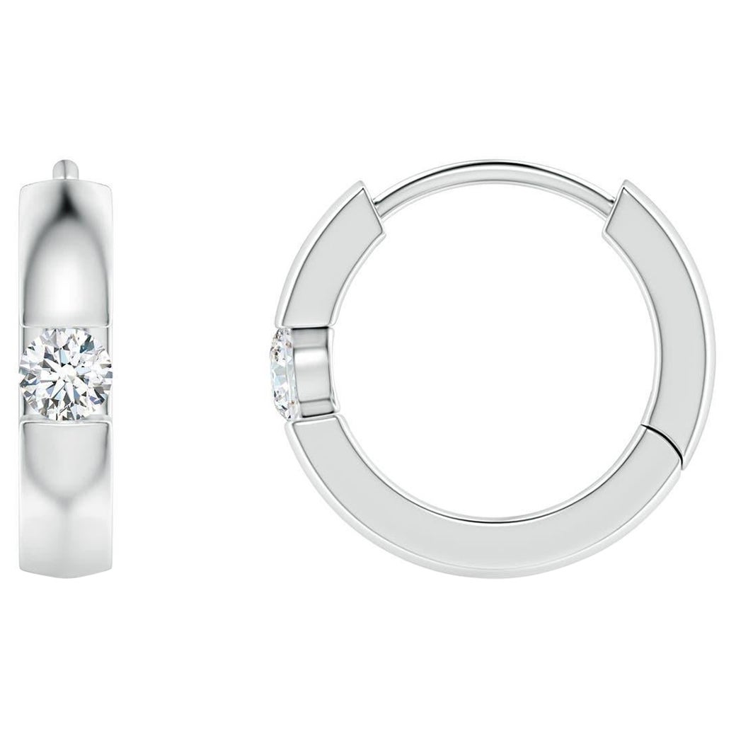 Natural Round Diamond Hoop Earrings in 14K White Gold (Size-2mm, Color-G) For Sale